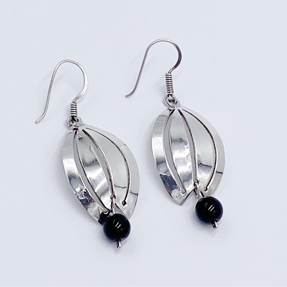 Taxco 925 Sterling Silver Modernist Black Onyx Dangle Earrings - Picture 2 of 9